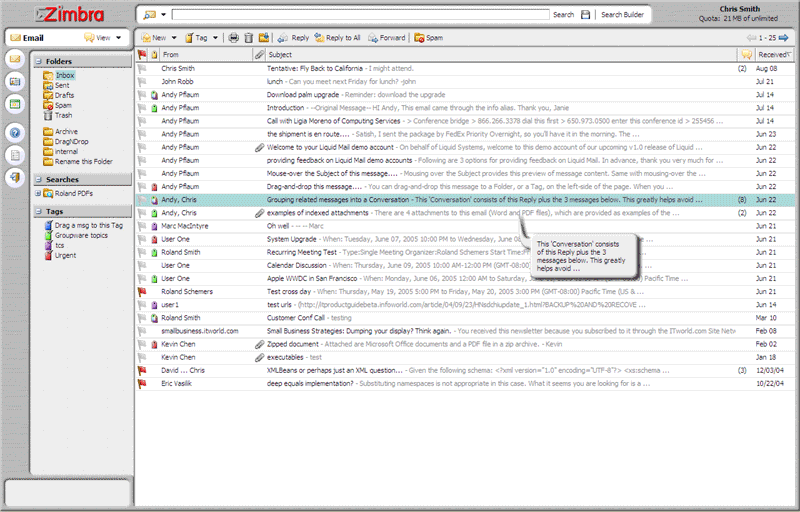 Zimbra email Inbox - View messages as conversation threads or individually, with message text preview